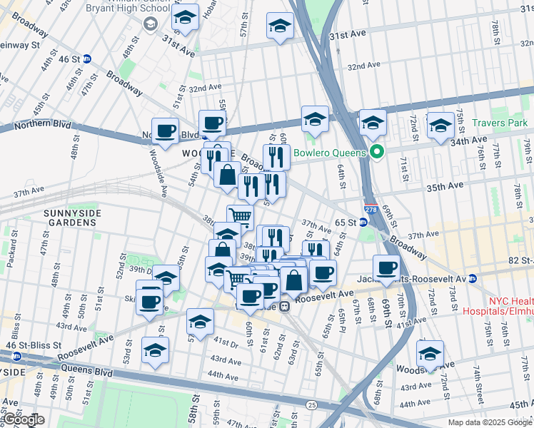map of restaurants, bars, coffee shops, grocery stores, and more near 37-27 59th Street in Queens
