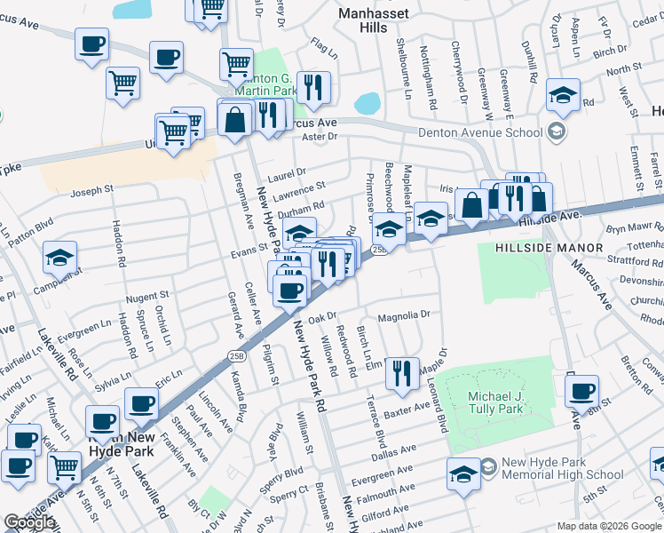 map of restaurants, bars, coffee shops, grocery stores, and more near 1632 Hillside Avenue in North New Hyde Park