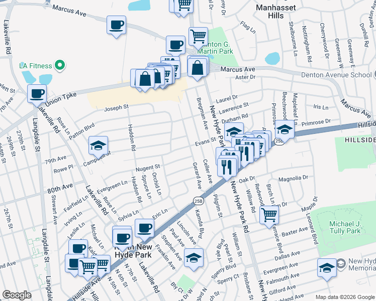 map of restaurants, bars, coffee shops, grocery stores, and more near 10 Nugent Street in New Hyde Park