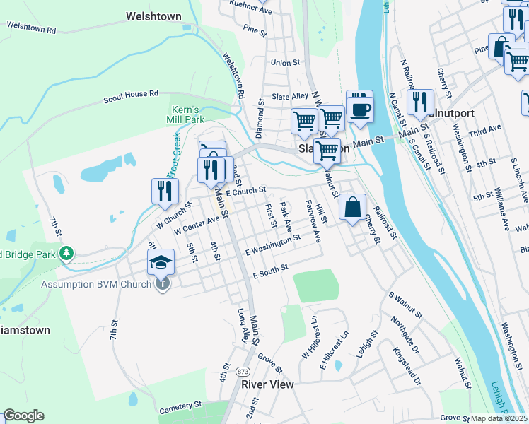map of restaurants, bars, coffee shops, grocery stores, and more near 320 First Street in Slatington