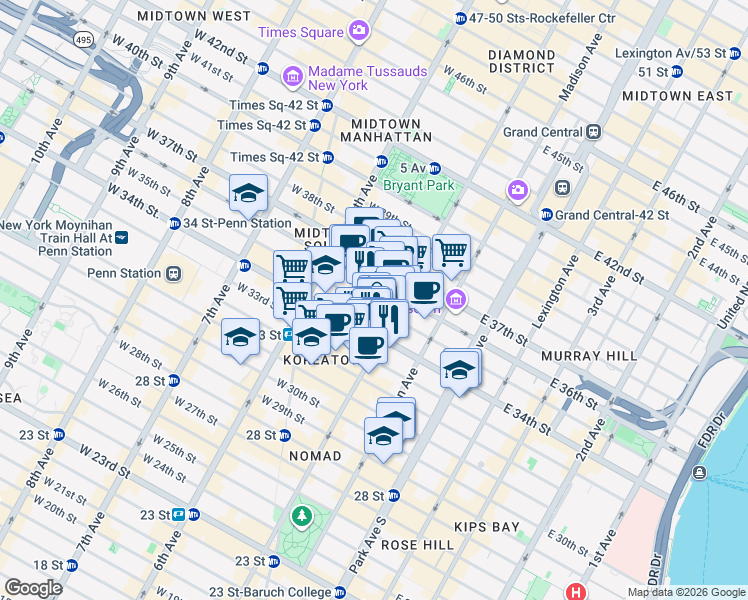 map of restaurants, bars, coffee shops, grocery stores, and more near 9 West 35th Street in New York