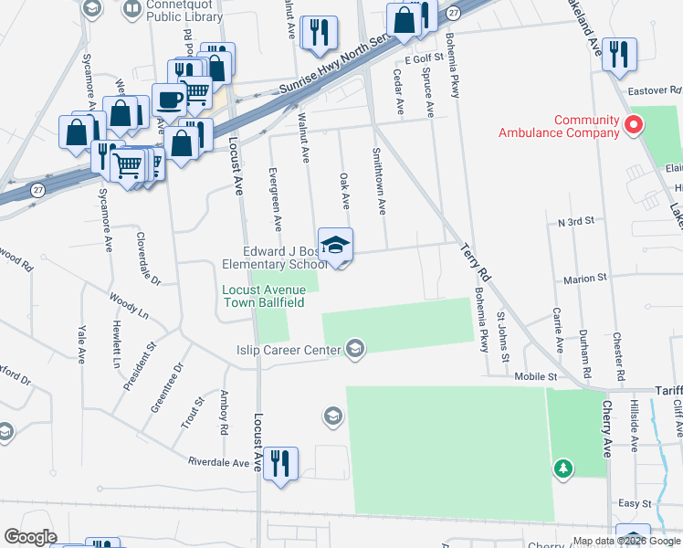map of restaurants, bars, coffee shops, grocery stores, and more near 50 Bourne Boulevard in Bohemia