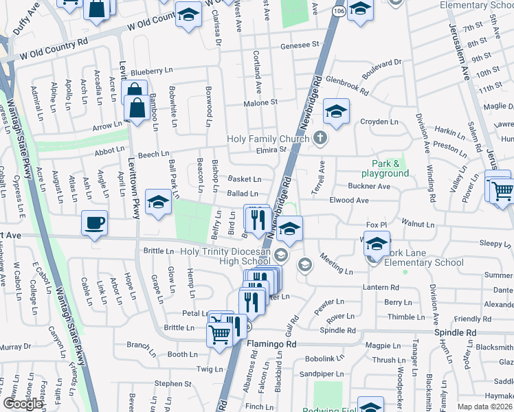 map of restaurants, bars, coffee shops, grocery stores, and more near 11 Bond Lane in Hicksville
