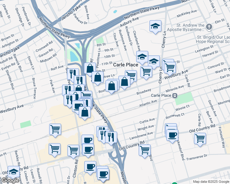 map of restaurants, bars, coffee shops, grocery stores, and more near 226 Westbury Avenue in Carle Place