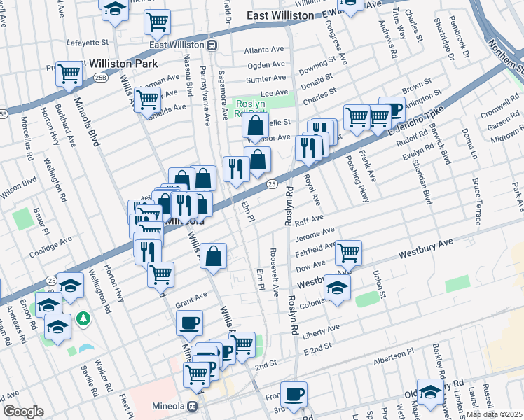 map of restaurants, bars, coffee shops, grocery stores, and more near 244 Elm Place in Mineola