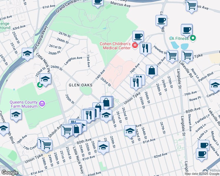 map of restaurants, bars, coffee shops, grocery stores, and more near 76-04 263rd Street in Queens