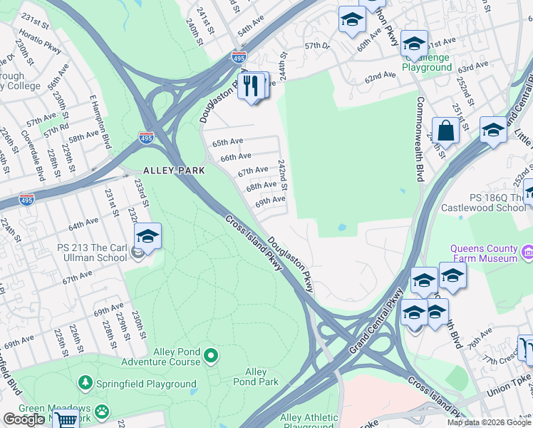 map of restaurants, bars, coffee shops, grocery stores, and more near 24002 70th Avenue in Queens