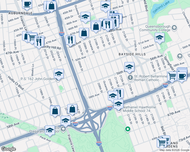 map of restaurants, bars, coffee shops, grocery stores, and more near 52 207th Street in Queens