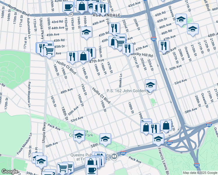 map of restaurants, bars, coffee shops, grocery stores, and more near 50-4 196th Street in Queens