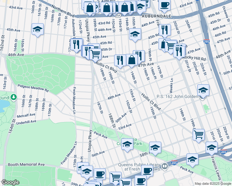 map of restaurants, bars, coffee shops, grocery stores, and more near 48-6 189th Street in Queens