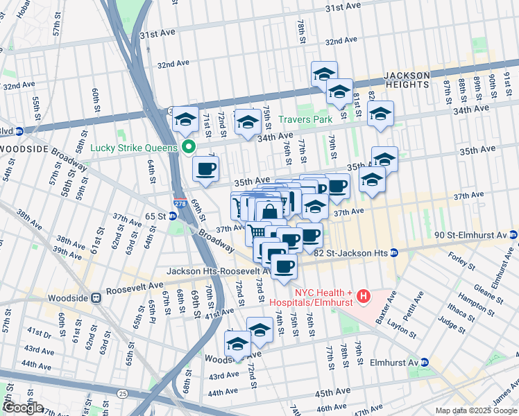 map of restaurants, bars, coffee shops, grocery stores, and more near in Queens