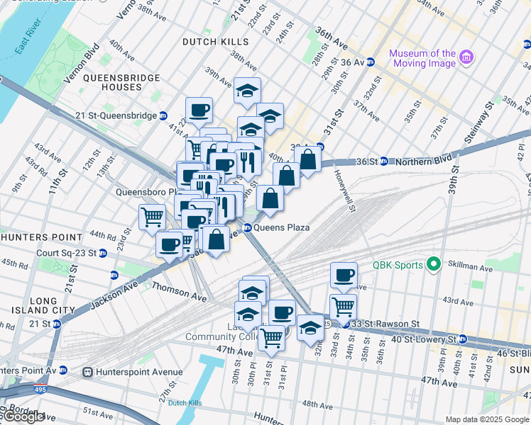 map of restaurants, bars, coffee shops, grocery stores, and more near 29-14 Northern Boulevard in Queens