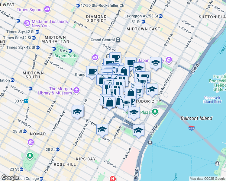 map of restaurants, bars, coffee shops, grocery stores, and more near 619 3rd Avenue in New York