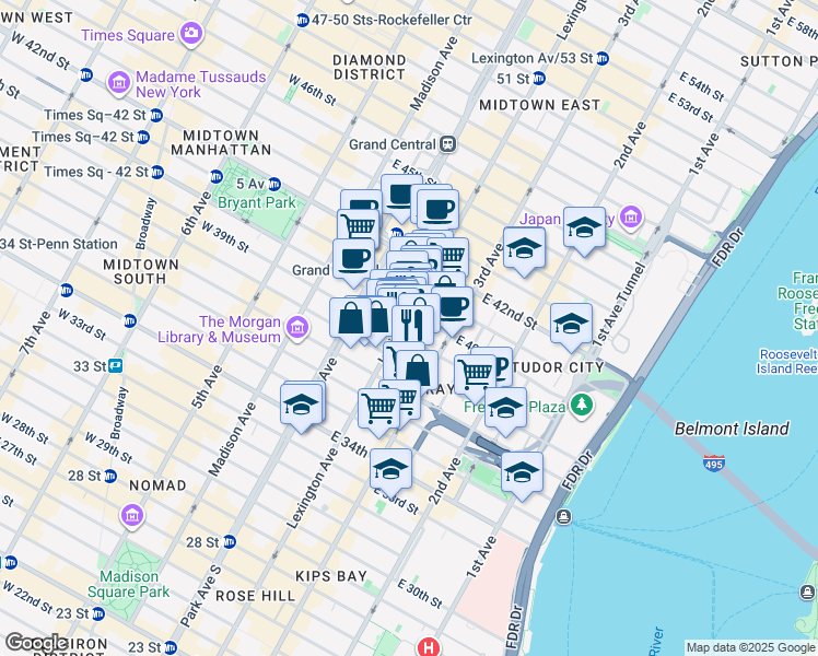 map of restaurants, bars, coffee shops, grocery stores, and more near in New York