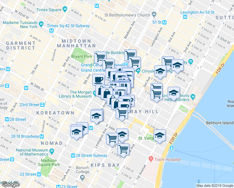 map of restaurants, bars, coffee shops, grocery stores, and more near 126 East 38th Street in New York