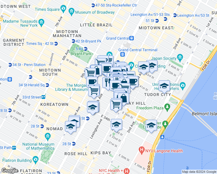 map of restaurants, bars, coffee shops, grocery stores, and more near 105 East 37th Street in New York