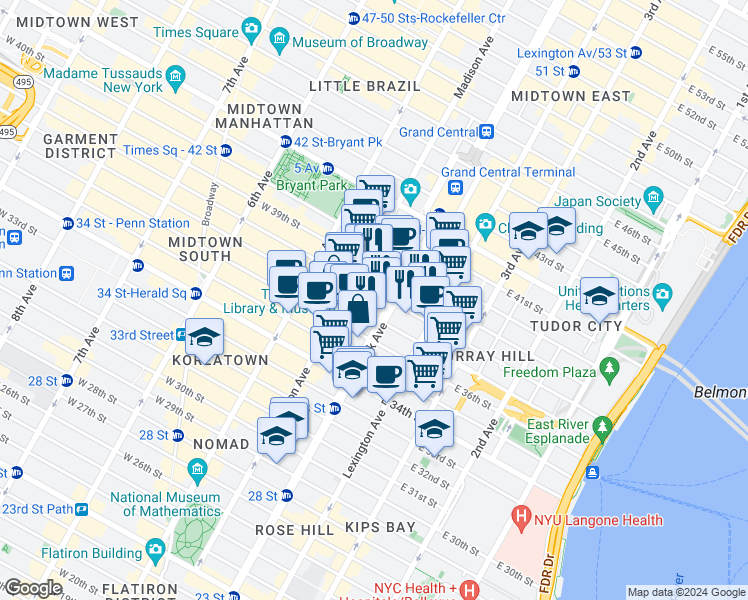 map of restaurants, bars, coffee shops, grocery stores, and more near in New York