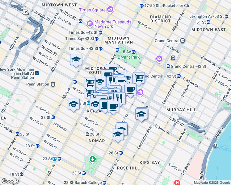 map of restaurants, bars, coffee shops, grocery stores, and more near 362 5th Avenue in New York