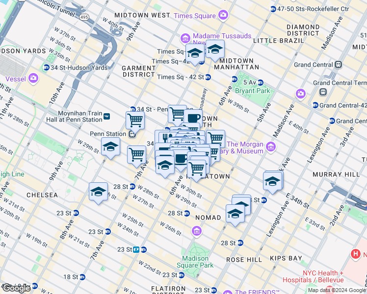 map of restaurants, bars, coffee shops, grocery stores, and more near 894 6th Avenue in New York