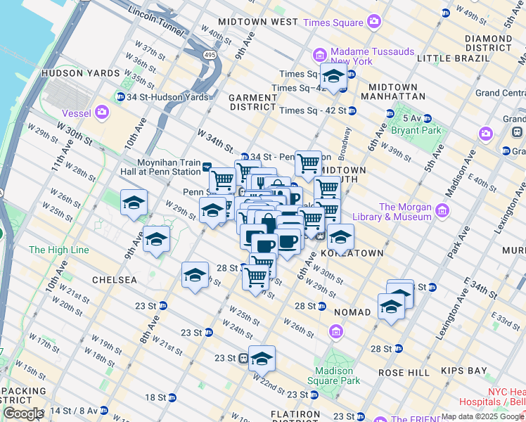 map of restaurants, bars, coffee shops, grocery stores, and more near 2 Pennsylvania Plaza in New York