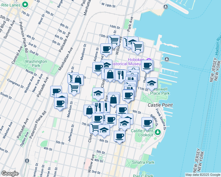 map of restaurants, bars, coffee shops, grocery stores, and more near 933 Willow Avenue in Hoboken
