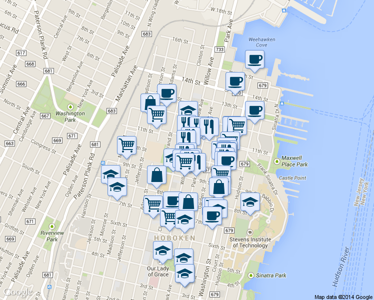 map of restaurants, bars, coffee shops, grocery stores, and more near 933 Willow Avenue in Hoboken