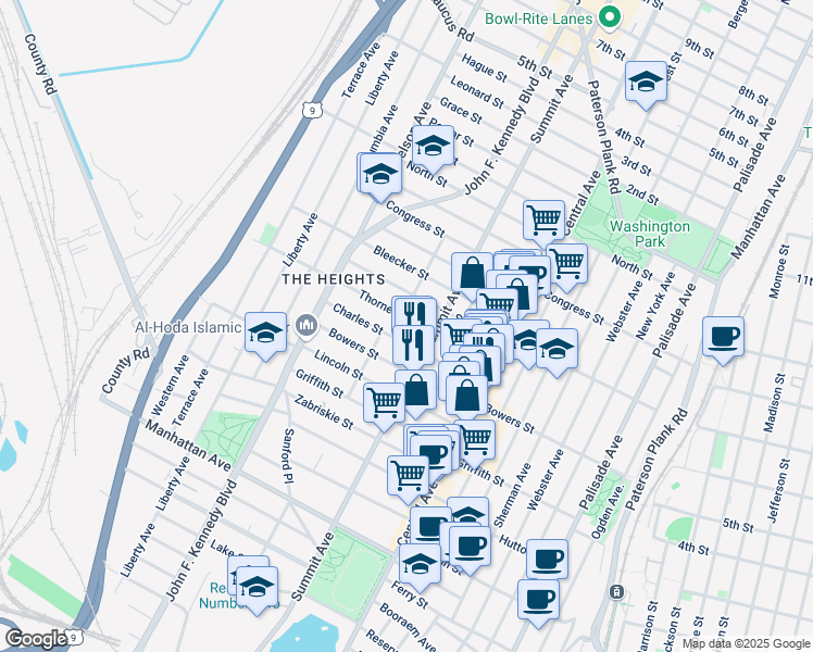map of restaurants, bars, coffee shops, grocery stores, and more near 1009 Summit Avenue in Jersey City