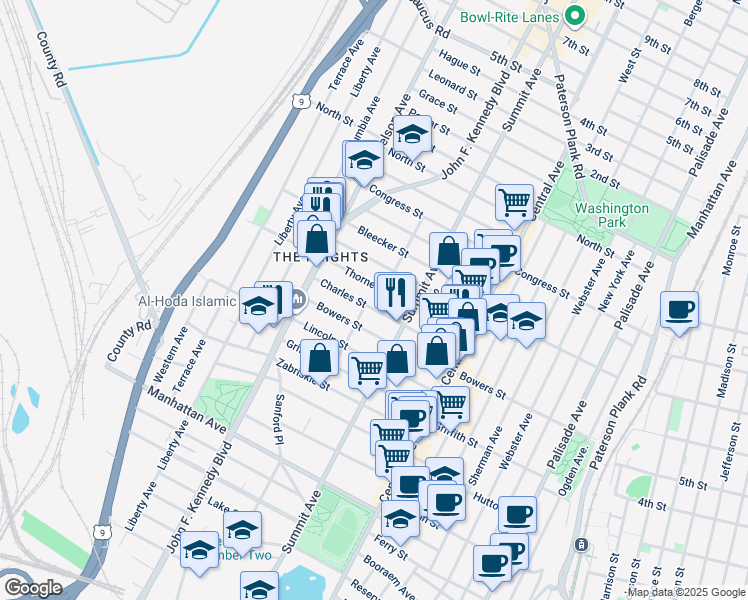 map of restaurants, bars, coffee shops, grocery stores, and more near 210A Bowers Street in Jersey City