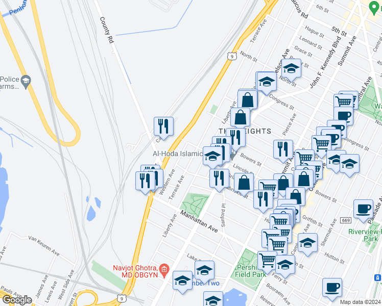 map of restaurants, bars, coffee shops, grocery stores, and more near 353 Liberty Avenue in Jersey City