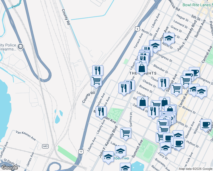 map of restaurants, bars, coffee shops, grocery stores, and more near 210 Zabriskie Street in Jersey City