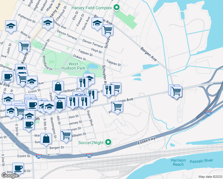 map of restaurants, bars, coffee shops, grocery stores, and more near 24 Schuyler Avenue in Kearny