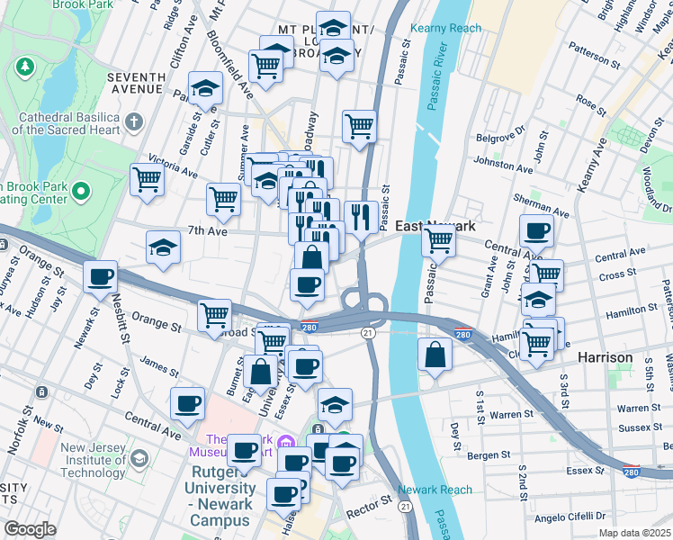 map of restaurants, bars, coffee shops, grocery stores, and more near 1 8th Avenue in Newark