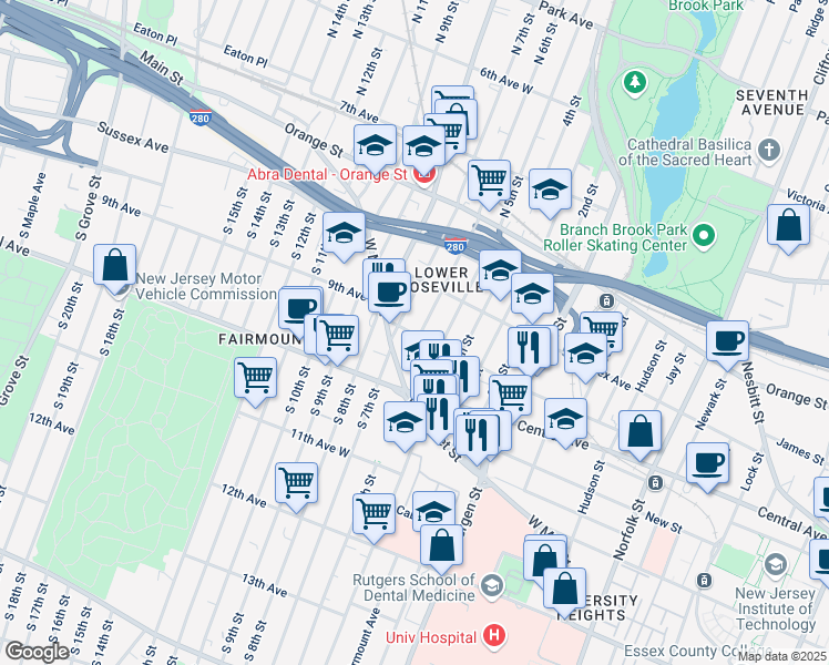 map of restaurants, bars, coffee shops, grocery stores, and more near 449 West Market Street in Newark