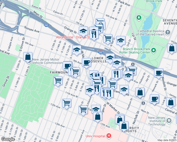 map of restaurants, bars, coffee shops, grocery stores, and more near 449 West Market Street in Newark