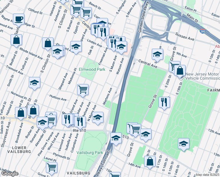 map of restaurants, bars, coffee shops, grocery stores, and more near 129 Whittlesey Avenue in East Orange