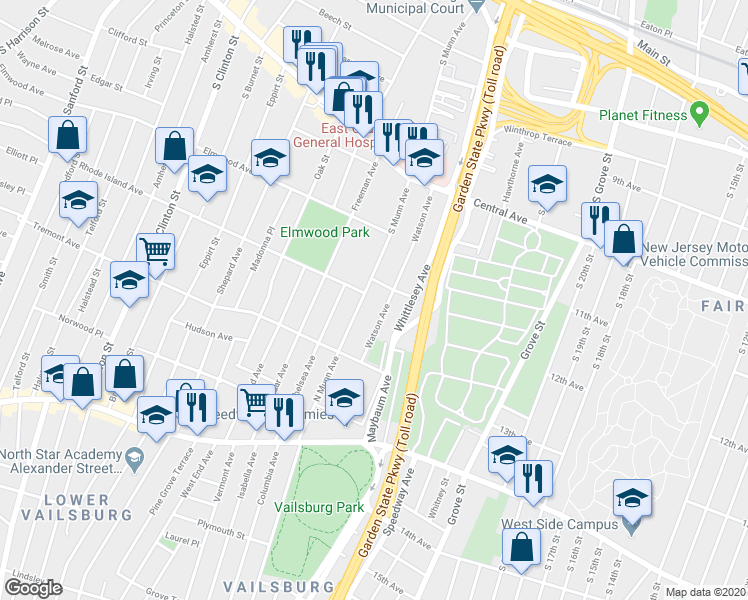 map of restaurants, bars, coffee shops, grocery stores, and more near 129 Whittlesey Avenue in East Orange