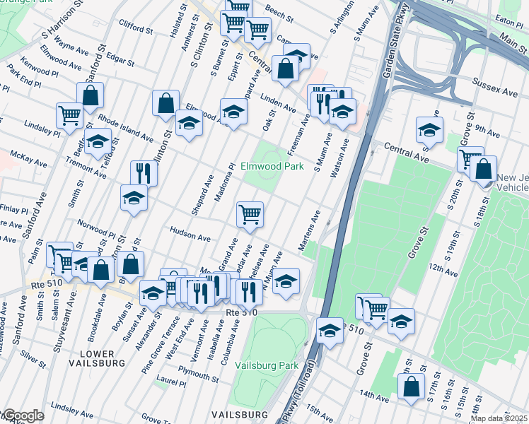 map of restaurants, bars, coffee shops, grocery stores, and more near 37 Chelsea Avenue in East Orange