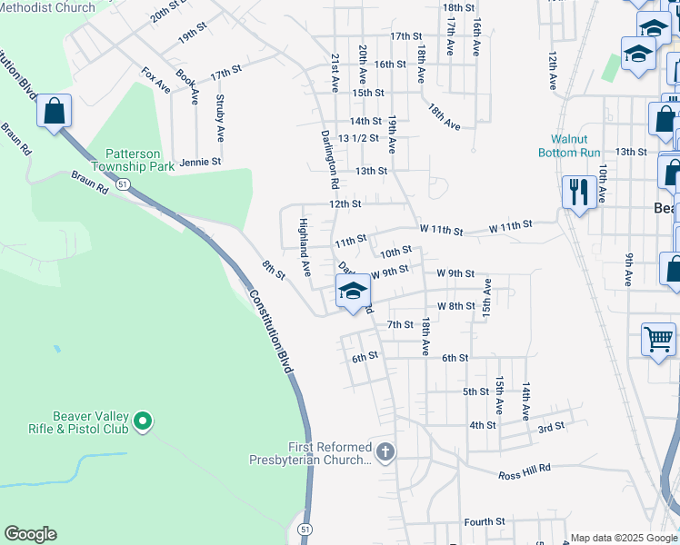 map of restaurants, bars, coffee shops, grocery stores, and more near 910 School Street in Beaver Falls