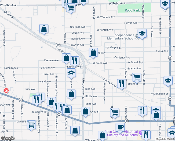 map of restaurants, bars, coffee shops, grocery stores, and more near 815 North Charles Street in Lima