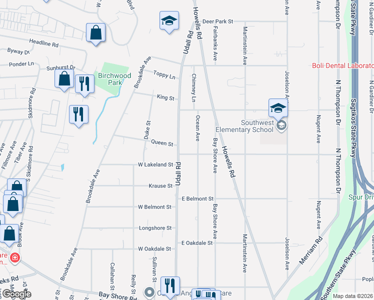 map of restaurants, bars, coffee shops, grocery stores, and more near 1153 Udall Road in Bay Shore