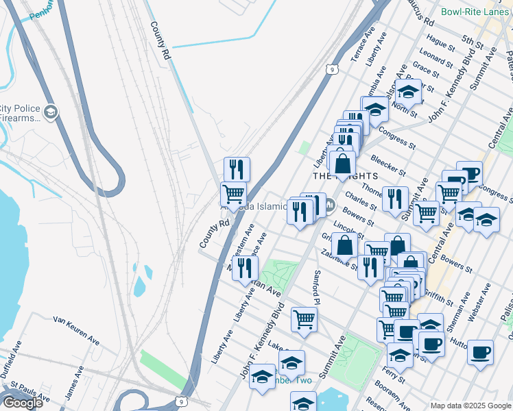 map of restaurants, bars, coffee shops, grocery stores, and more near 210 Zabriskie Street in Jersey City