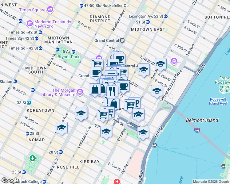 map of restaurants, bars, coffee shops, grocery stores, and more near in New York