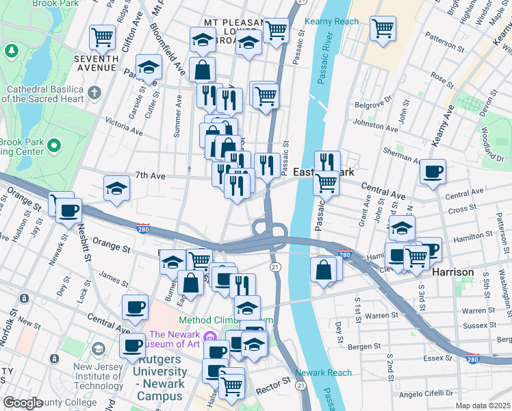 map of restaurants, bars, coffee shops, grocery stores, and more near 1 8th Avenue in Newark
