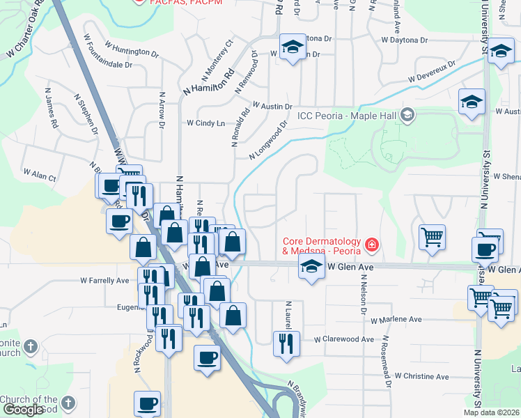 map of restaurants, bars, coffee shops, grocery stores, and more near 2114 West Sussex Road in Peoria