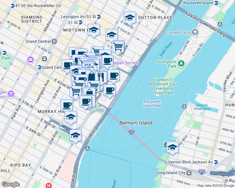 map of restaurants, bars, coffee shops, grocery stores, and more near FDR Drive in New York