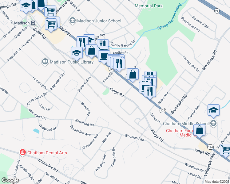 map of restaurants, bars, coffee shops, grocery stores, and more near 187-211 Kings Rd in Madison
