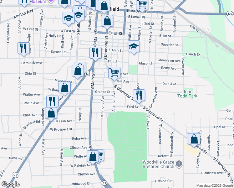 map of restaurants, bars, coffee shops, grocery stores, and more near 344 Altamont Avenue in Mansfield