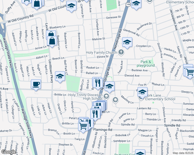 map of restaurants, bars, coffee shops, grocery stores, and more near 11 Bond Lane in Hicksville
