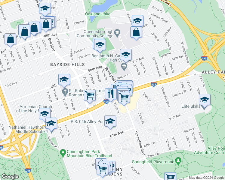 map of restaurants, bars, coffee shops, grocery stores, and more near 58-29 220th Street in Queens