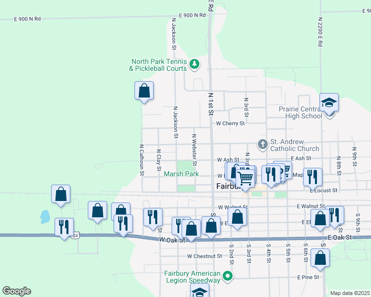 map of restaurants, bars, coffee shops, grocery stores, and more near 402 West Ash Street in Fairbury